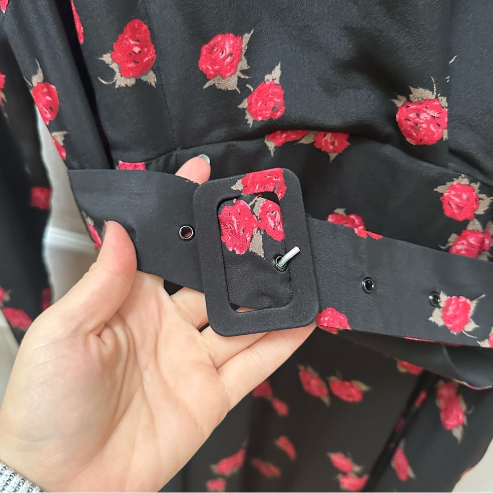 JENESEQUA Bastia Roses Floral Black red Dress Mulberry Silk collared shirt dress - Picture 7 of 16